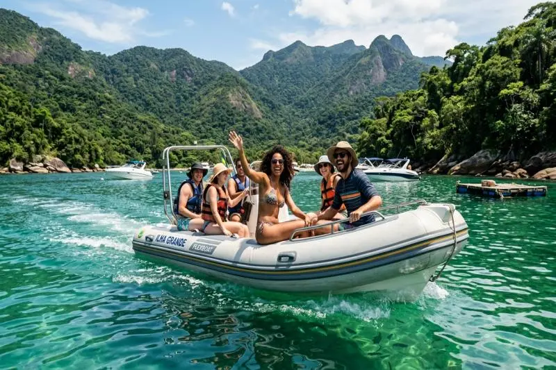 Turistas em uma lancha rápida navegando pelas águas cristalinas e verdes da Lagoa Azul, em Ilha Grande.